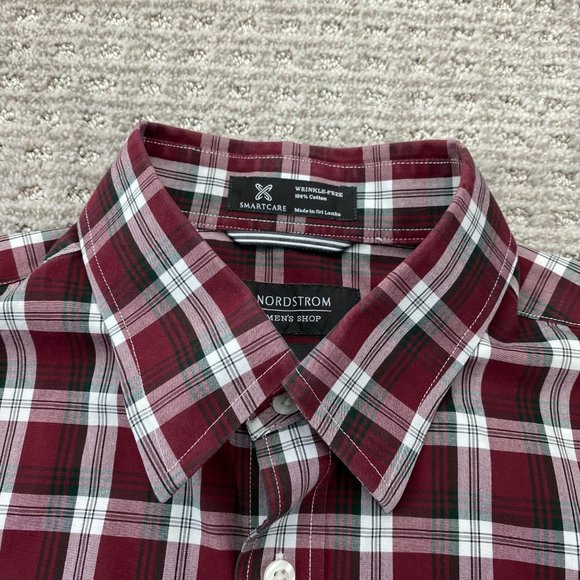 Nordstrom Dress Shirt Men's Shop M Red Black Plaid Wrinkle Free Button Down Polo - Picture 4 of 8